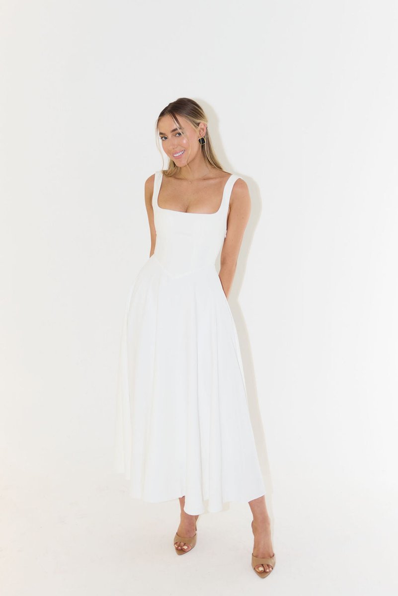 Women's Square Neck Pleated Fall Midi Dress Flowy A-Line