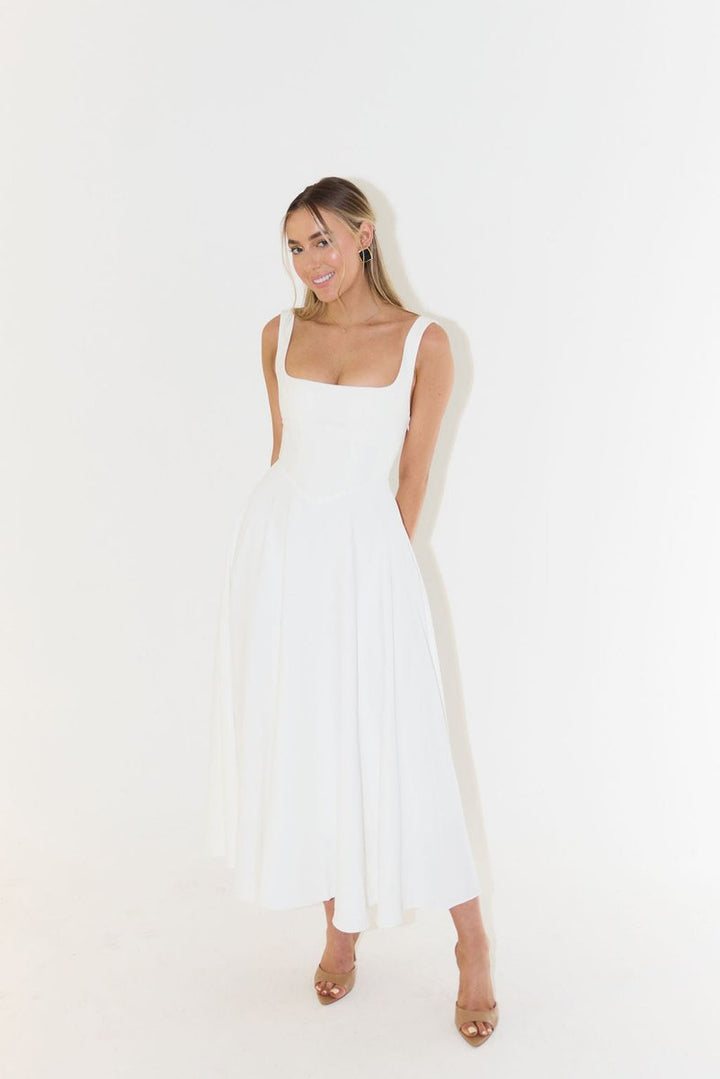 Women's Square Neck Pleated Fall Midi Dress Flowy A-Line