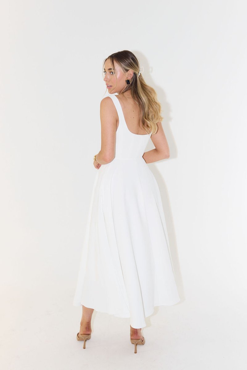 Women's Square Neck Pleated Fall Midi Dress Flowy A-Line
