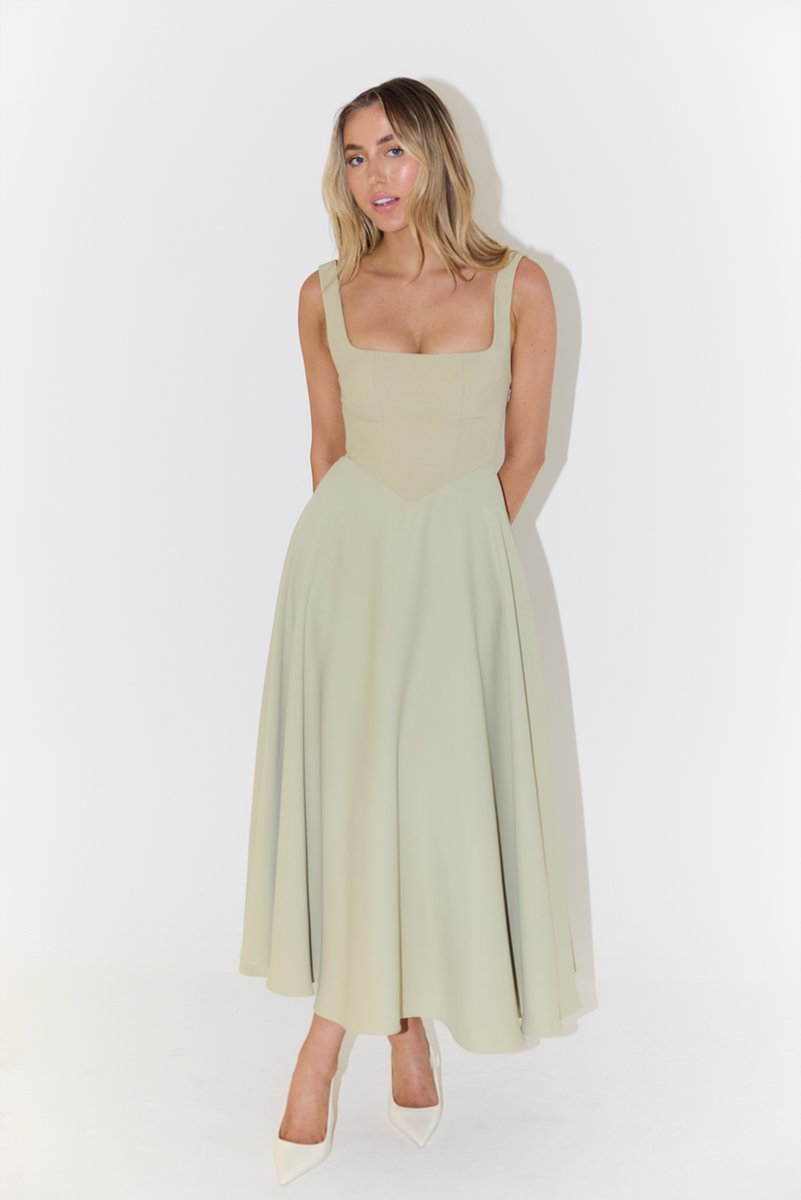Women's Square Neck Pleated Fall Midi Dress Flowy A-Line