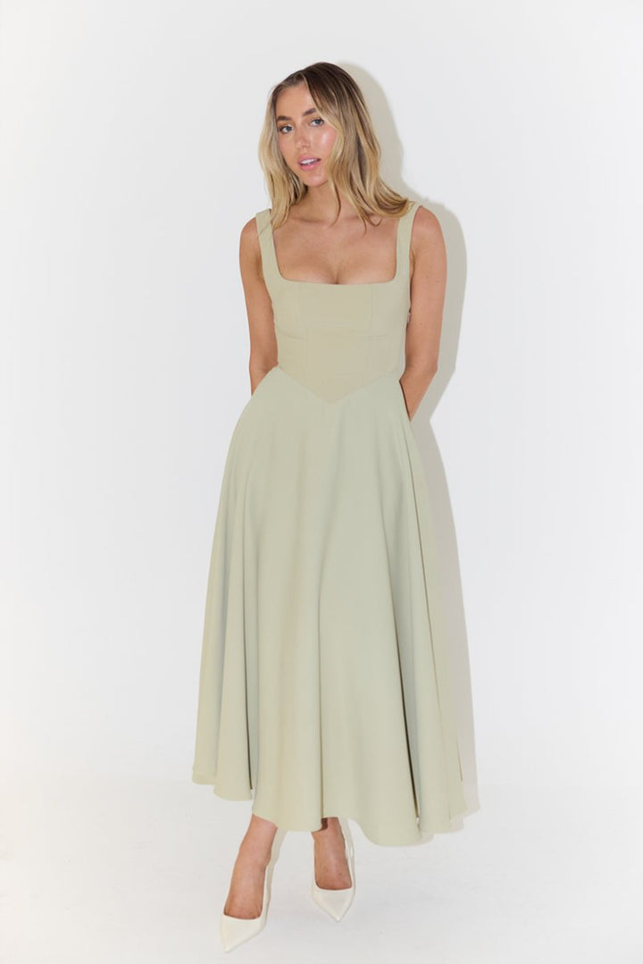 Women's Square Neck Pleated Fall Midi Dress Flowy A-Line