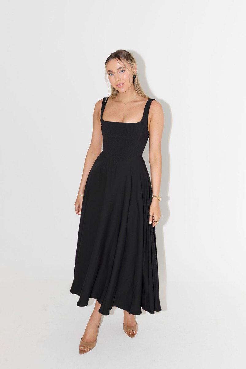 Women's Square Neck Pleated Fall Midi Dress Flowy A-Line