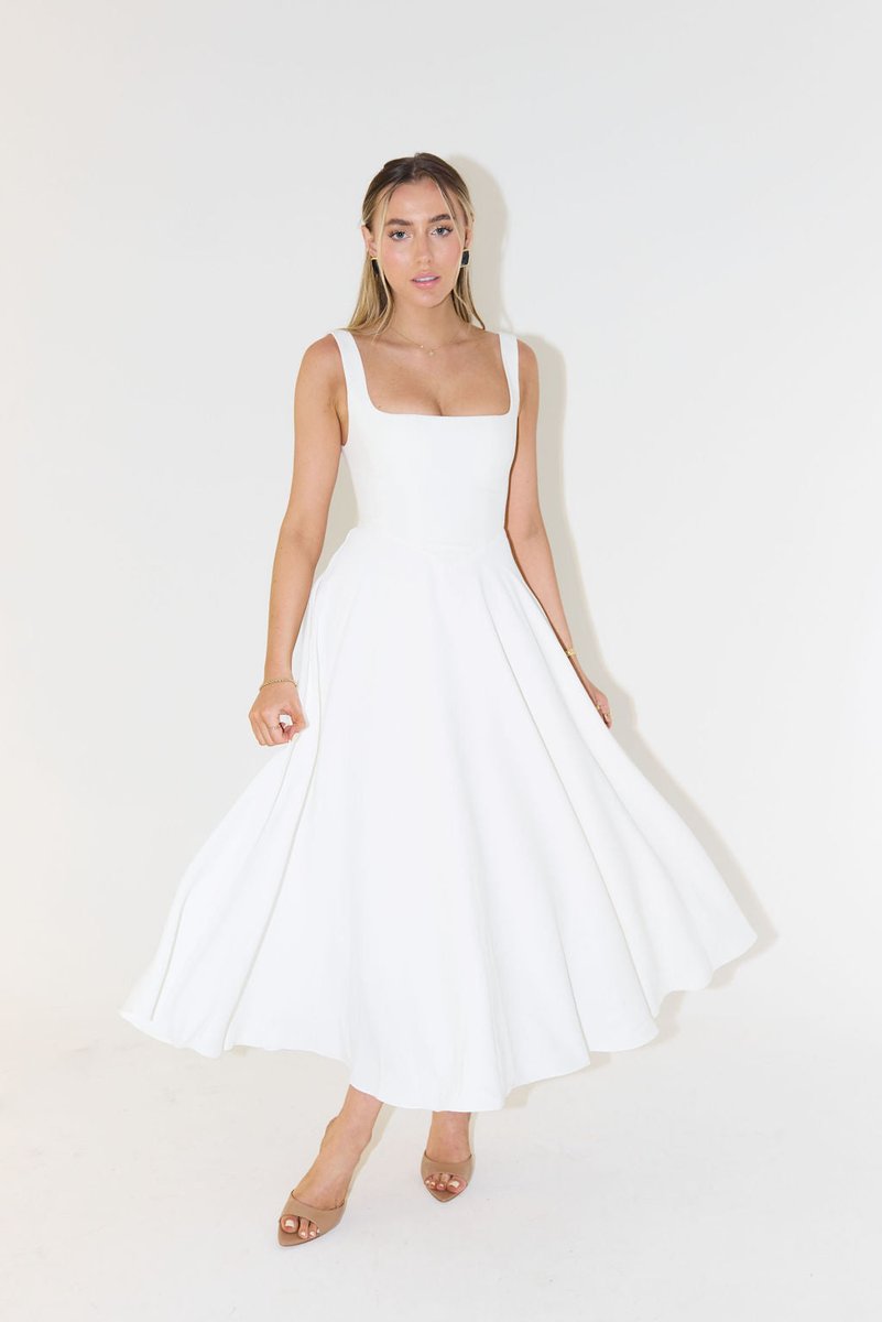 Women's Square Neck Pleated Fall Midi Dress Flowy A-Line