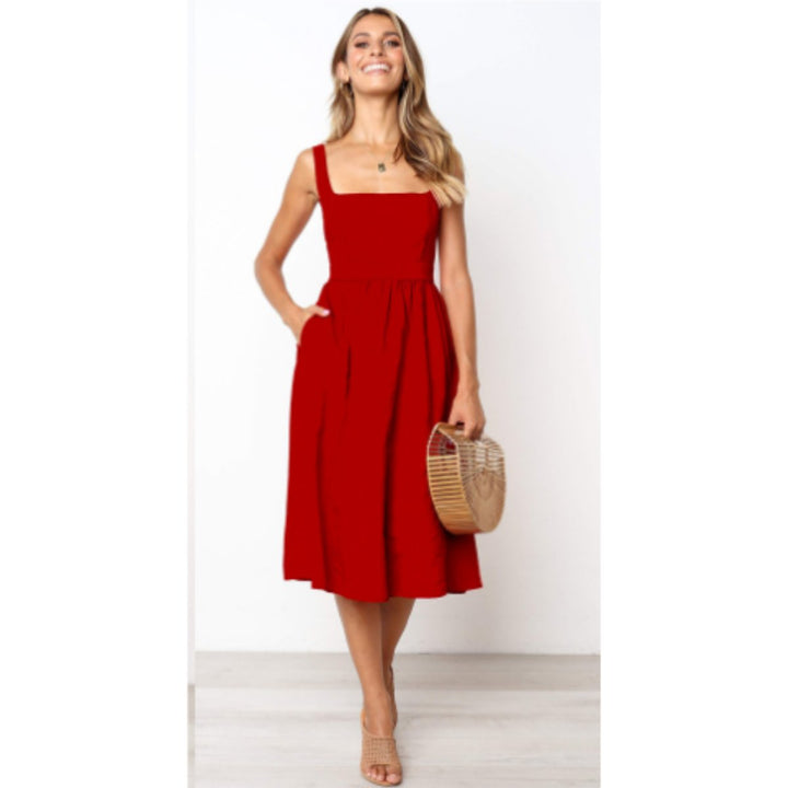 Women's Square-Neck Pleated Skirt Fall Midi Dress Sleeveless