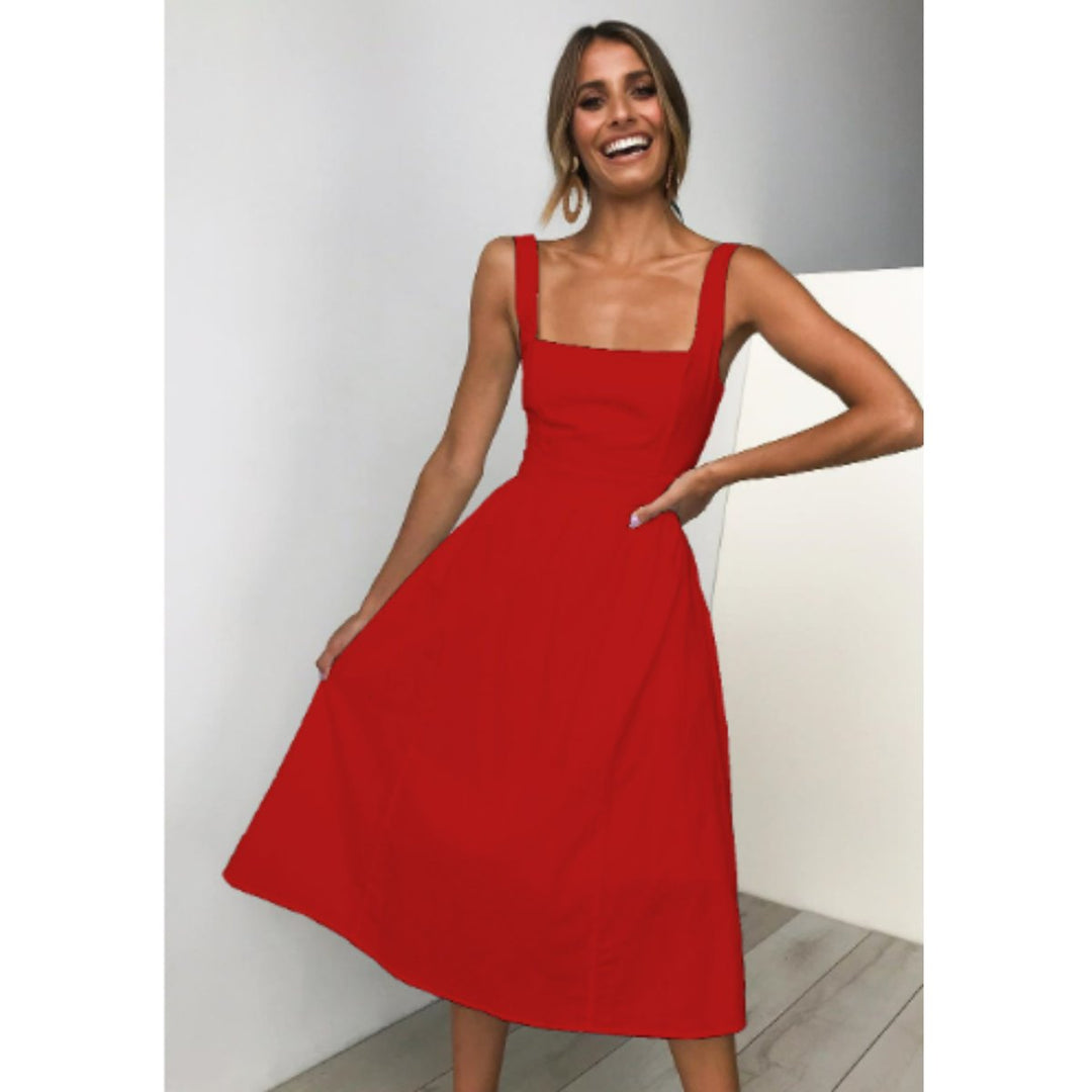 Women's Square-Neck Pleated Skirt Fall Midi Dress Sleeveless