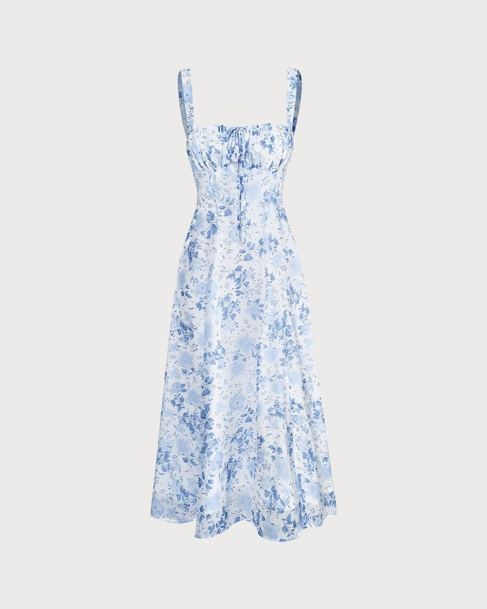 Women's Square Neck Ruched Floral Fall Midi Dress Sleeveless A-Line