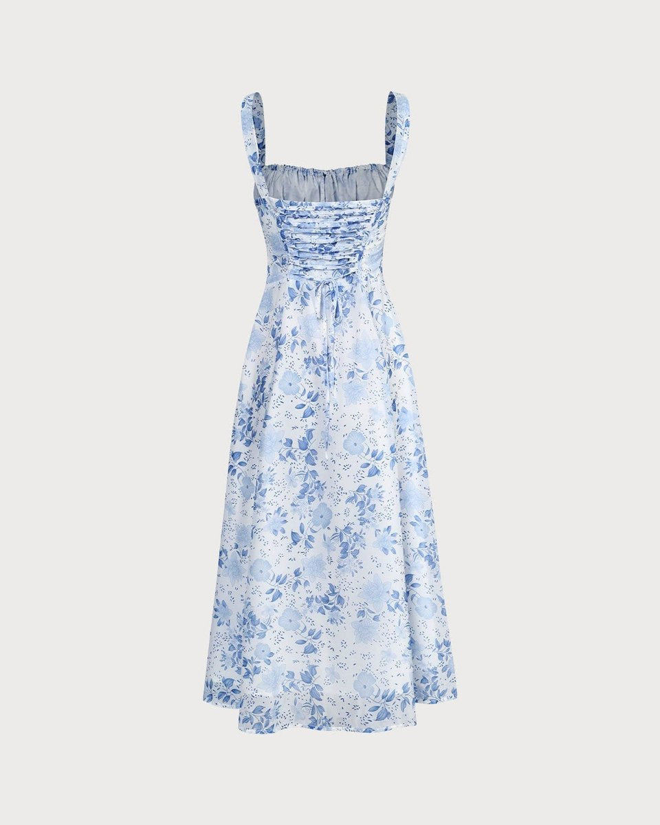 Women's Square Neck Ruched Floral Fall Midi Dress Sleeveless A-Line