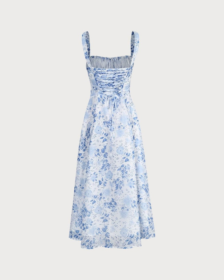 Women's Square Neck Ruched Floral Fall Midi Dress Sleeveless A-Line