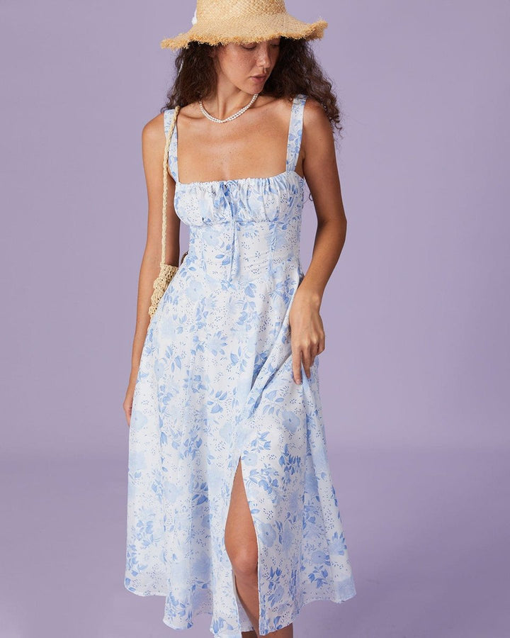 Women's Square Neck Ruched Floral Fall Midi Dress Sleeveless A-Line