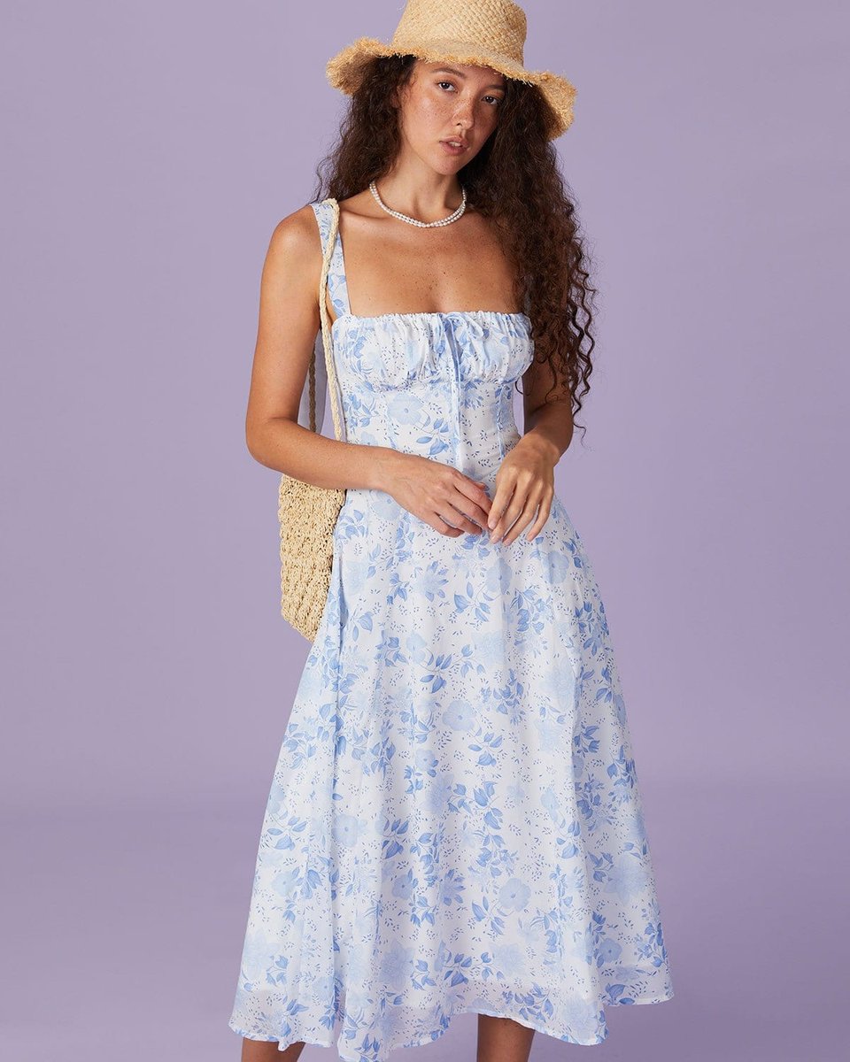 Women's Square Neck Ruched Floral Fall Midi Dress Sleeveless A-Line