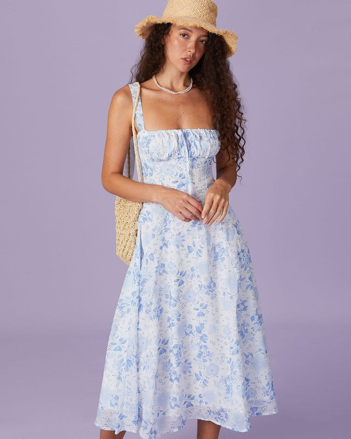 Women's Square Neck Ruched Floral Fall Midi Dress Sleeveless A-Line