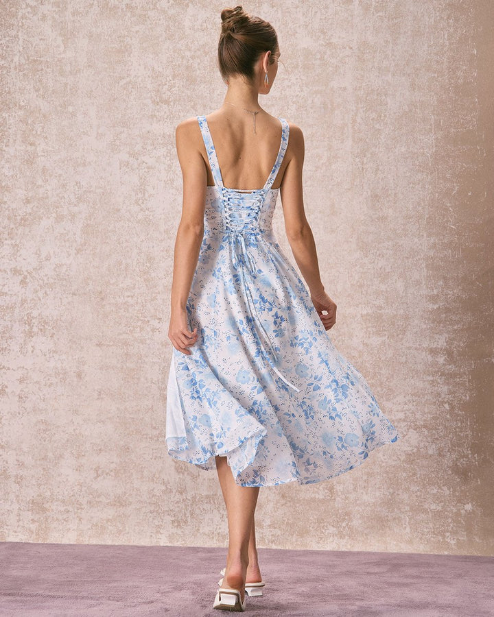 Women's Square Neck Ruched Floral Fall Midi Dress Sleeveless A-Line