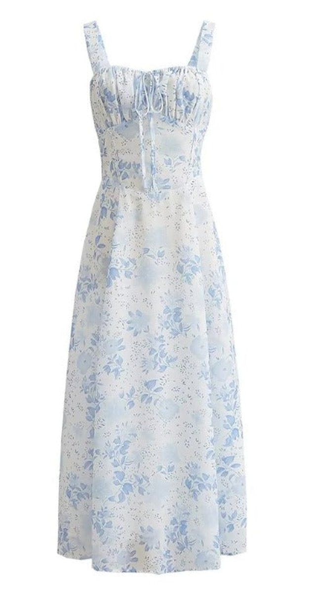 Women's Square Neck Ruched Floral Fall Midi Dress Sleeveless A-Line