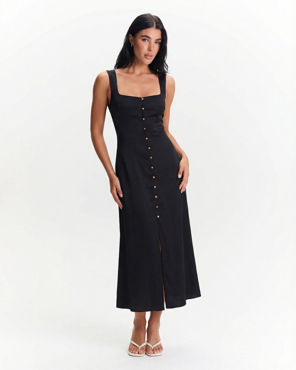 Women's Square Neck Sleeveless Button-Front Midi Formal Dress