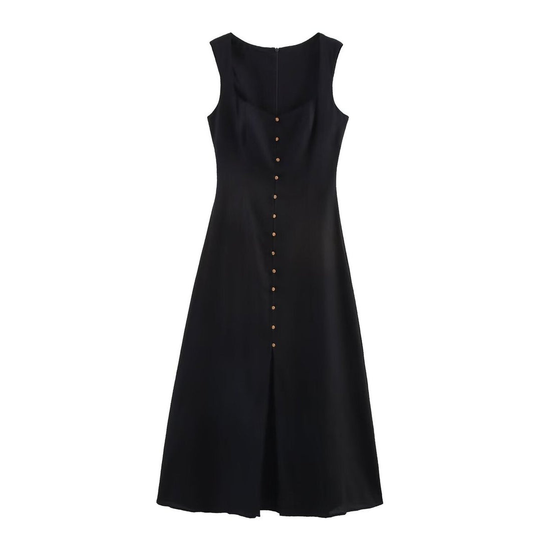 Women's Square Neck Sleeveless Button-Front Midi Formal Dress