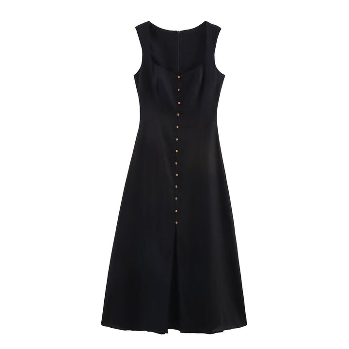 Women's Square Neck Sleeveless Button-Front Midi Formal Dress