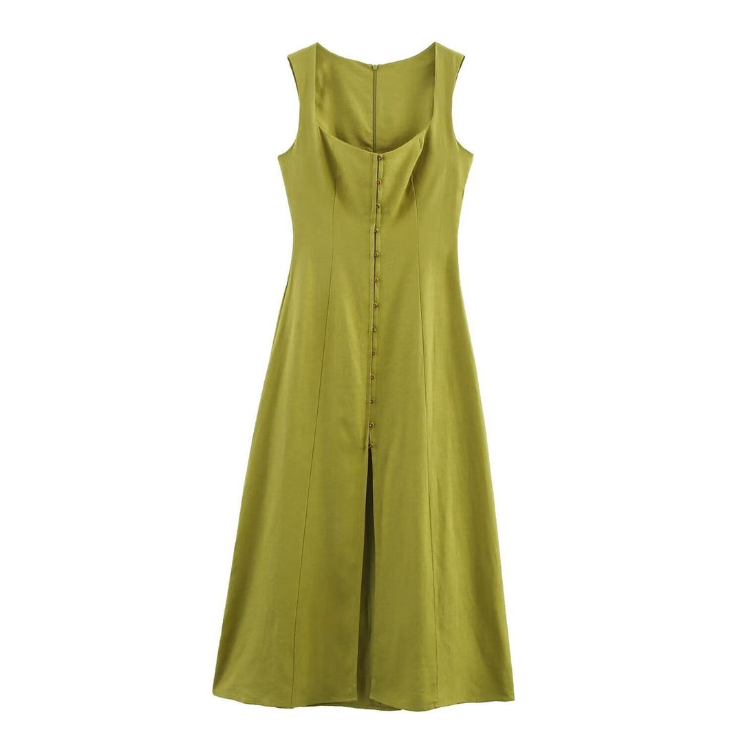 Women's Square Neck Sleeveless Button-Front Midi Formal Dress