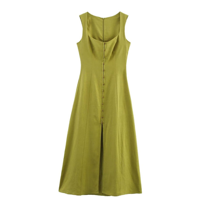 Women's Square Neck Sleeveless Button-Front Midi Formal Dress