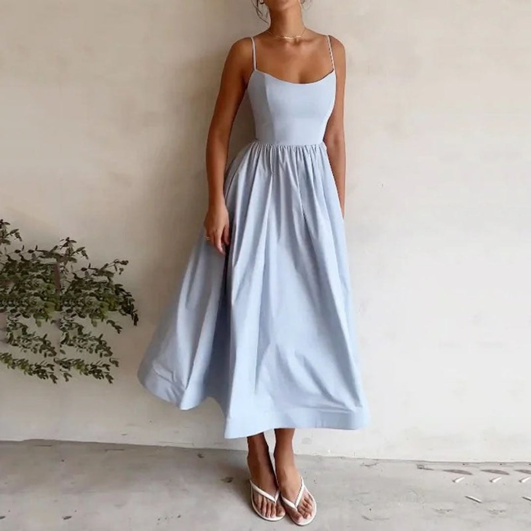 Women's Square Neck Spaghetti Strap A-Line Fall Midi Dress