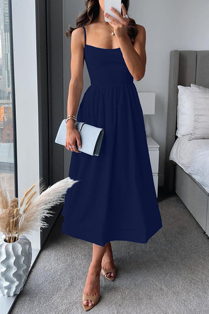 Women's Square Neck Spaghetti Strap A-Line Fall Midi Dress