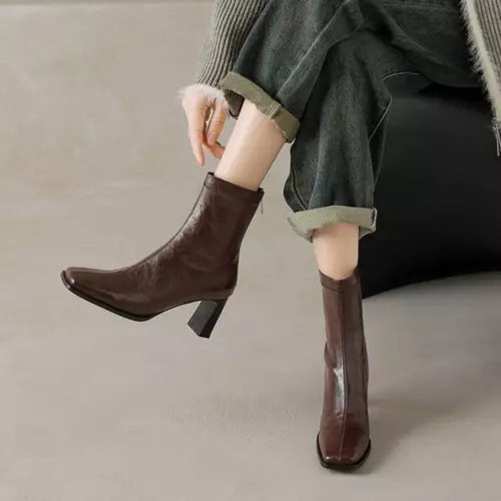 Women's Square-Toe Block-Heel Leather Ankle Boots