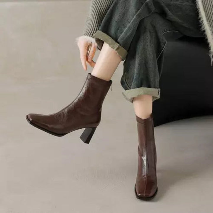 Women's Square-Toe Block-Heel Leather Ankle Boots