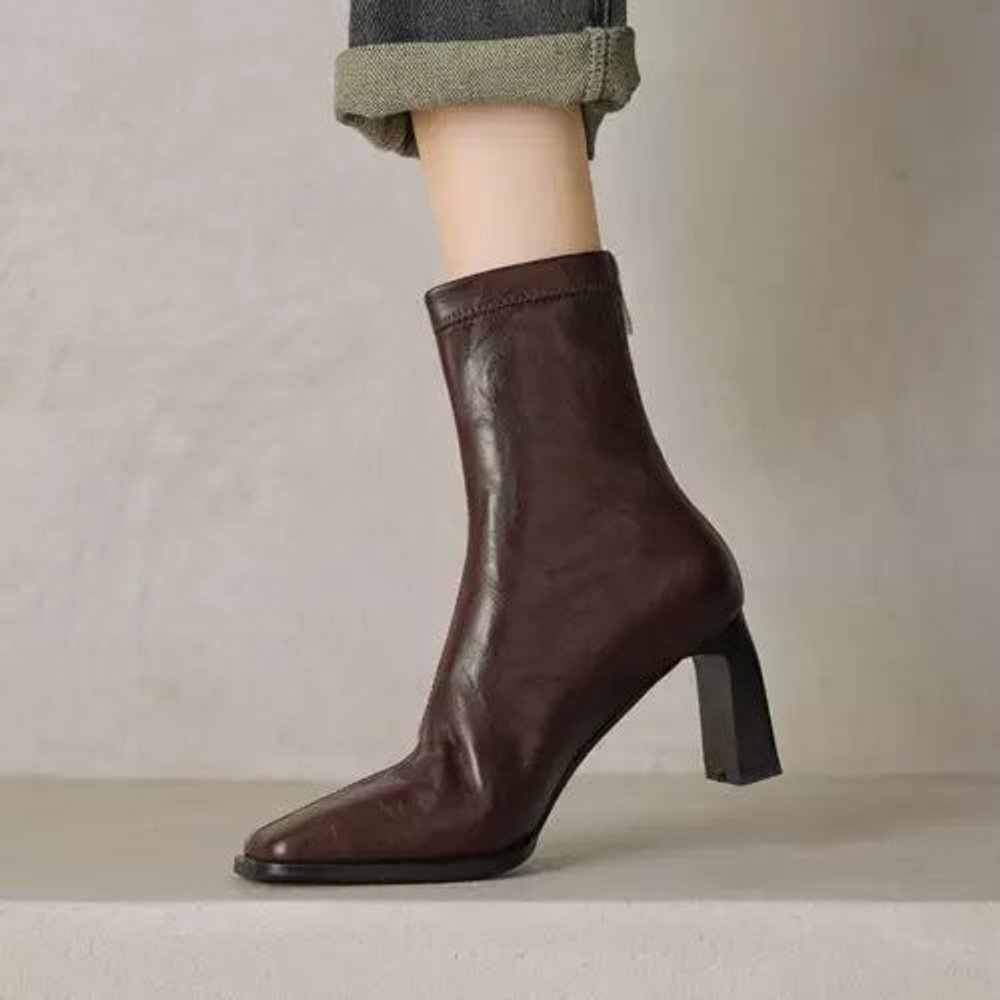 Women's Square-Toe Block-Heel Leather Ankle Boots