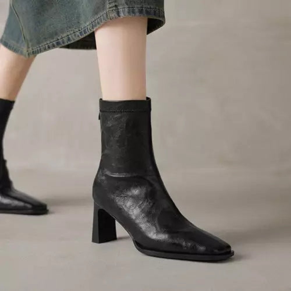 Women's Square-Toe Block-Heel Leather Ankle Boots