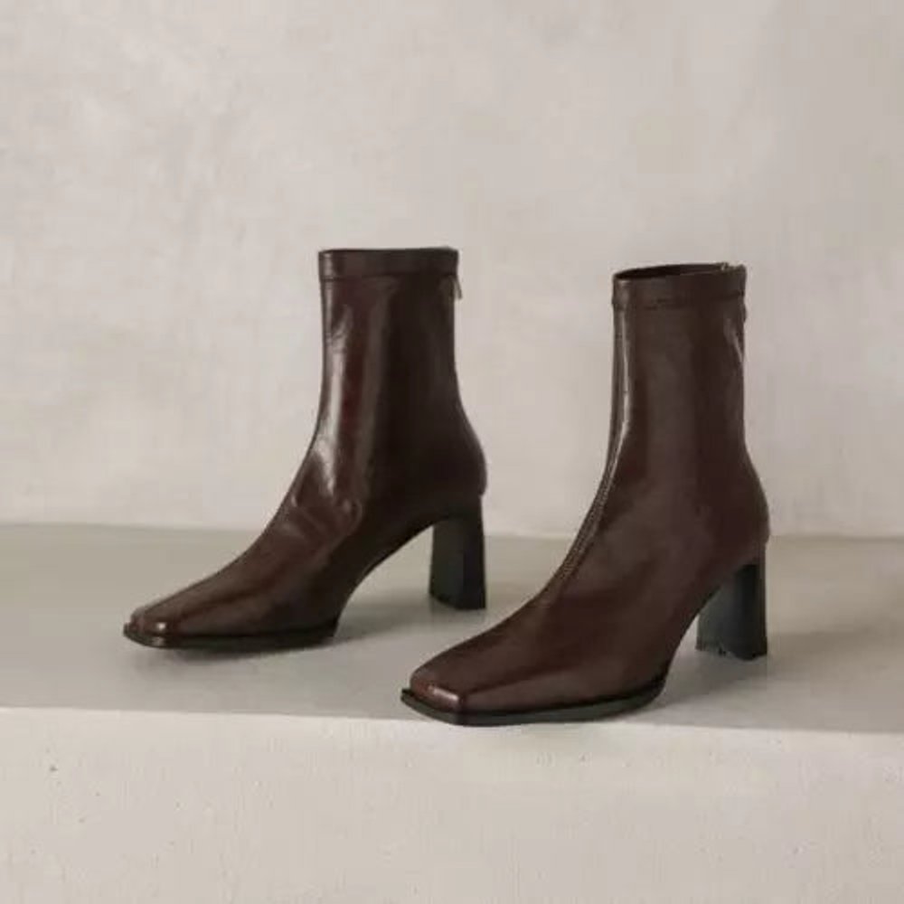 Women's Square-Toe Block-Heel Leather Ankle Boots
