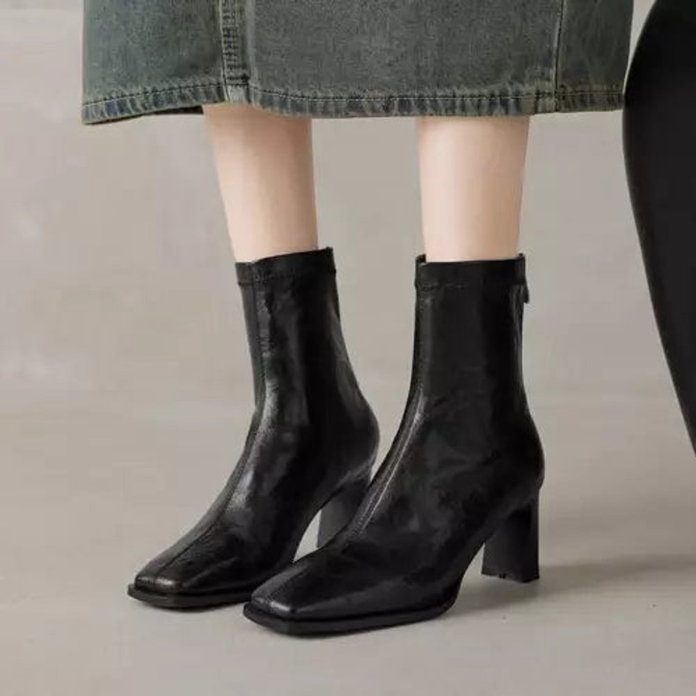 Women's Square-Toe Block-Heel Leather Ankle Boots