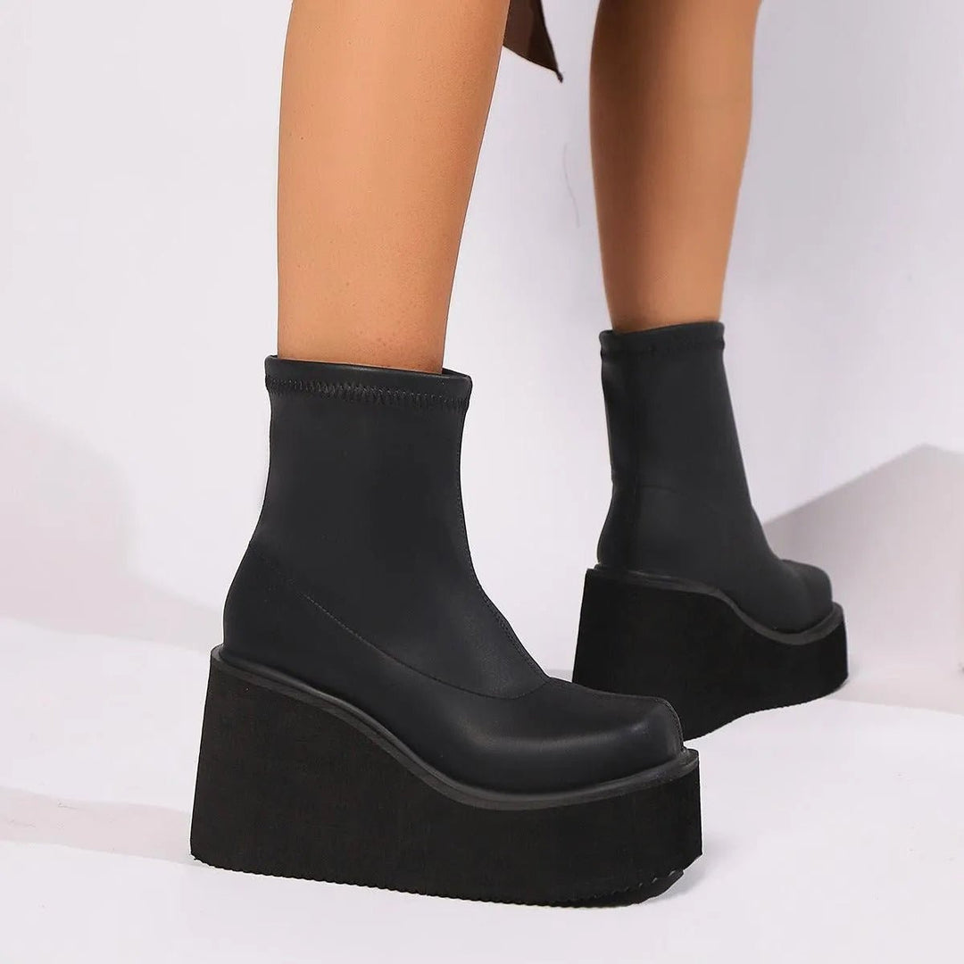 Women's Square-Toe Platform Wedge Sock Ankle Boots