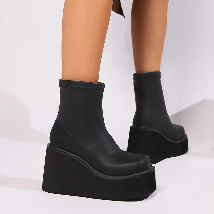 Women's Square-Toe Platform Wedge Sock Ankle Boots