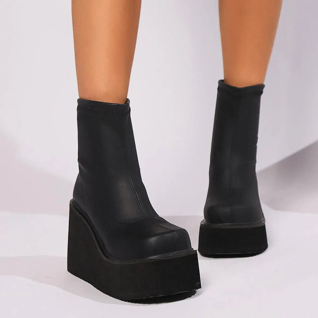 Women's Square-Toe Platform Wedge Sock Ankle Boots