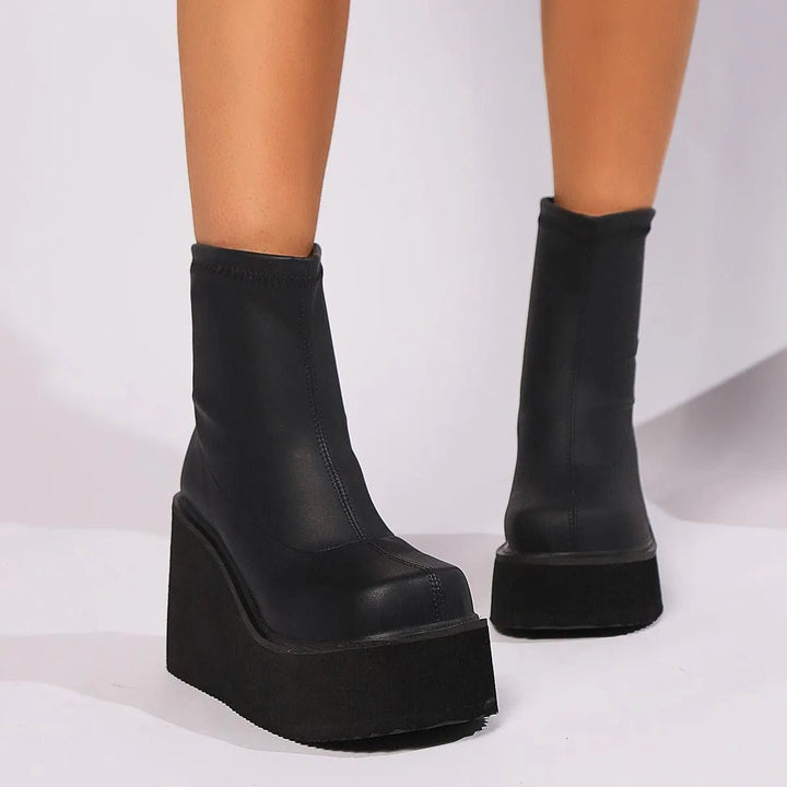 Women's Square-Toe Platform Wedge Sock Ankle Boots