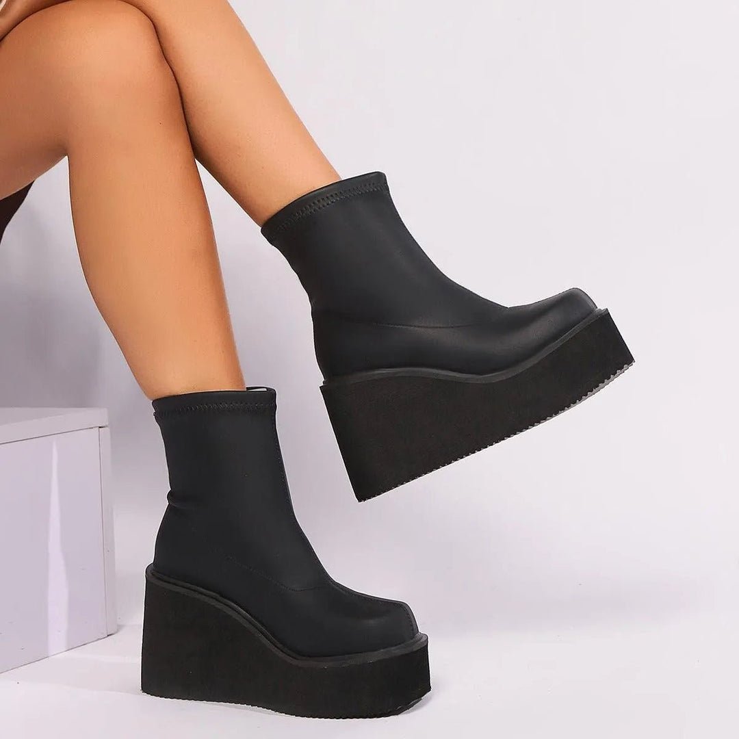 Women's Square-Toe Platform Wedge Sock Ankle Boots