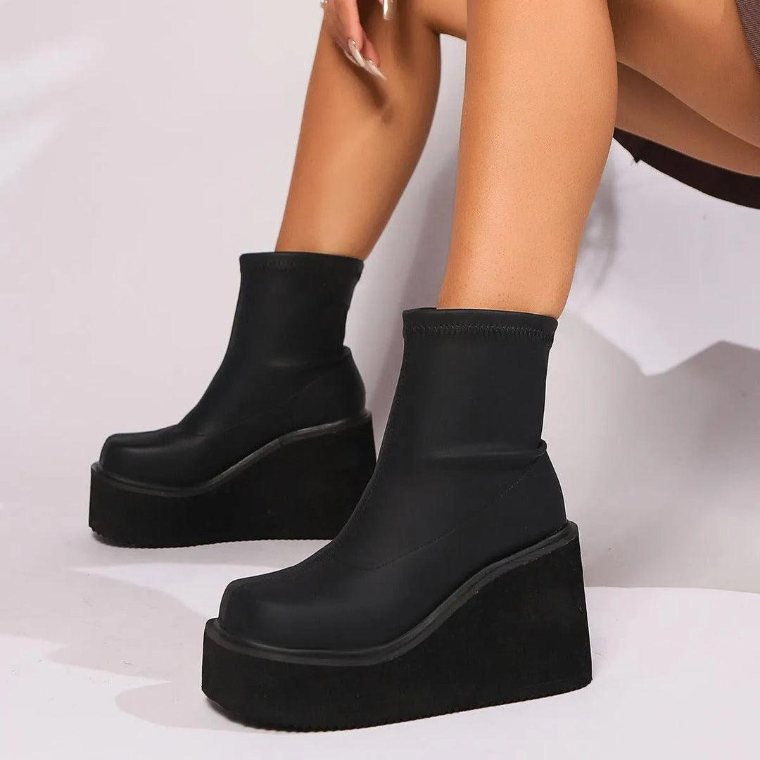 Women's Square-Toe Platform Wedge Sock Ankle Boots