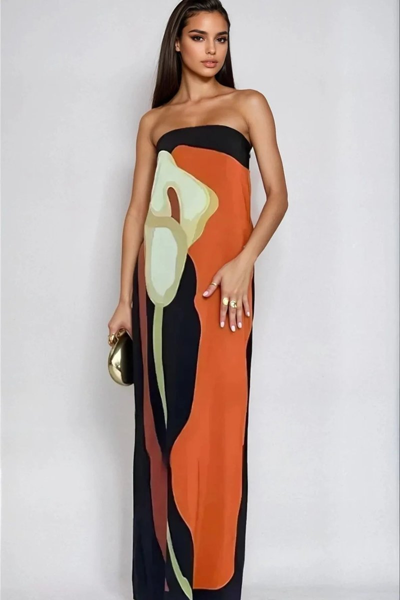 Women's Strapless Abstract-Print Formal Dress Loose Maxi Gown