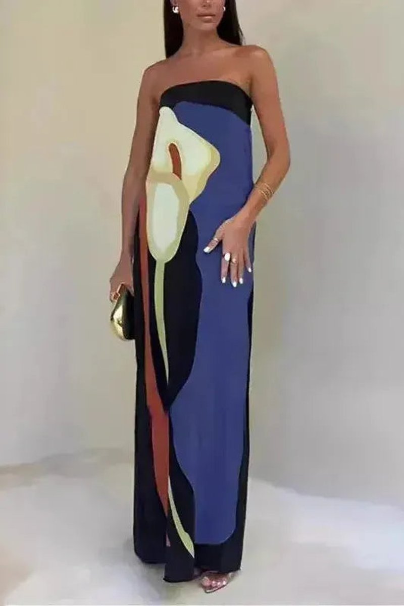 Women's Strapless Abstract-Print Formal Dress Loose Maxi Gown