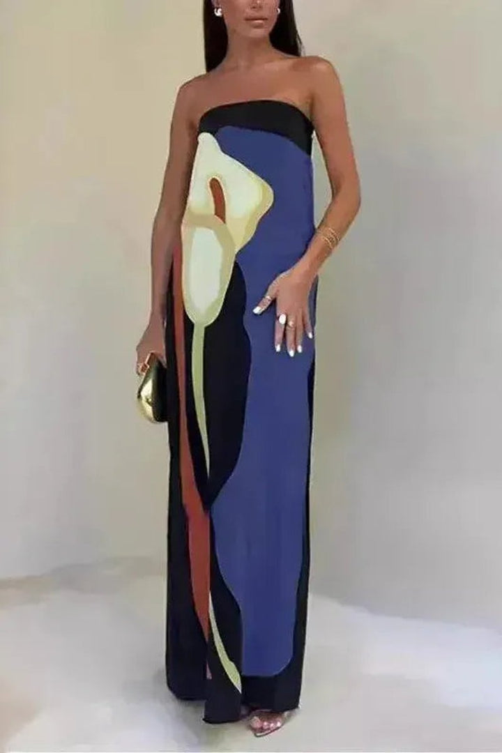 Women's Strapless Abstract-Print Formal Dress Loose Maxi Gown