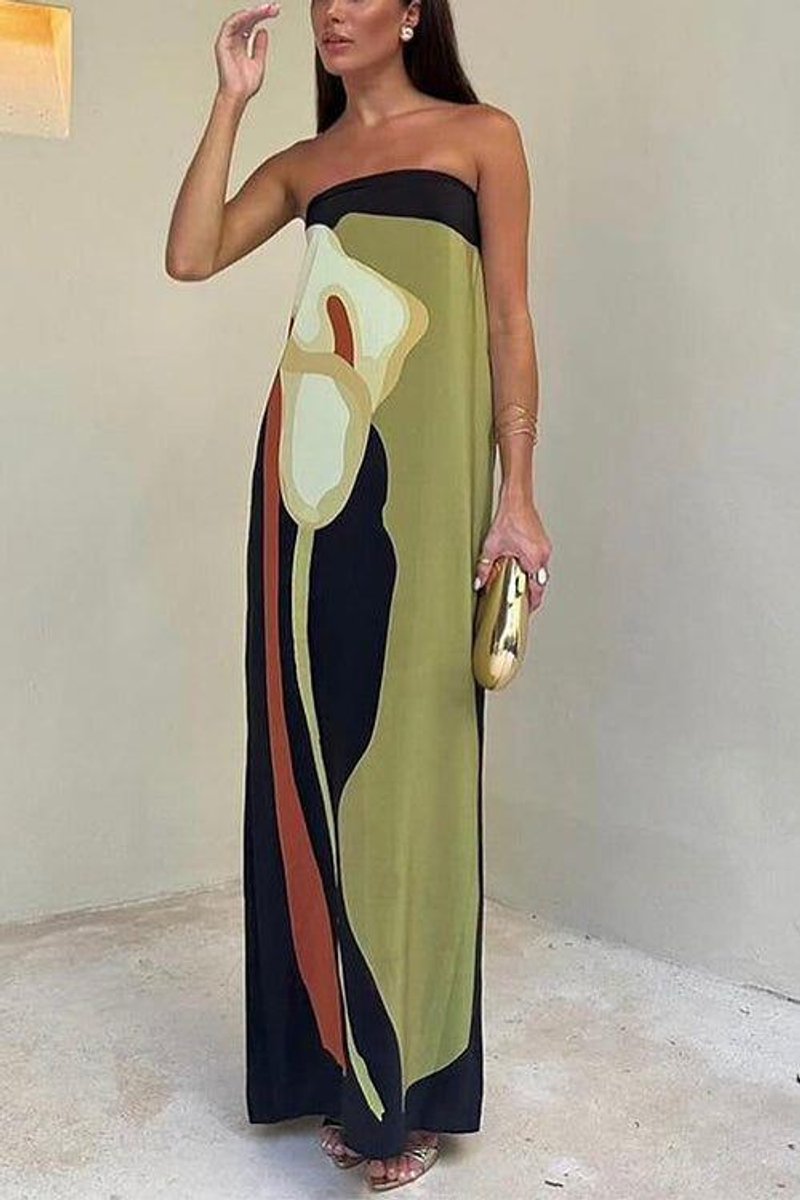 Women's Strapless Abstract-Print Formal Dress Loose Maxi Gown