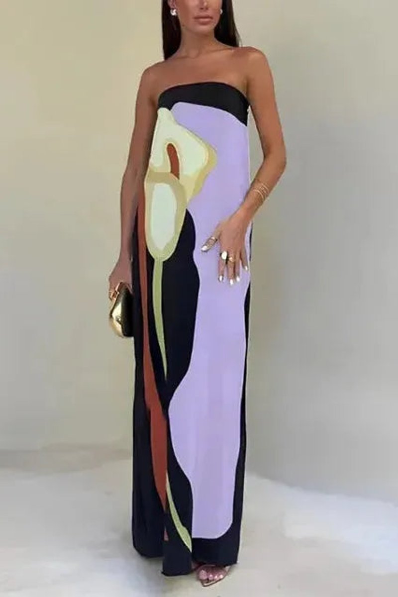 Women's Strapless Abstract-Print Formal Dress Loose Maxi Gown