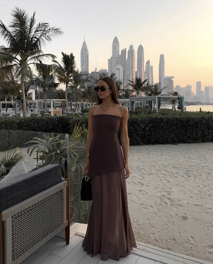 Women's Strapless Asymmetric Mesh Maxi Formal Dress