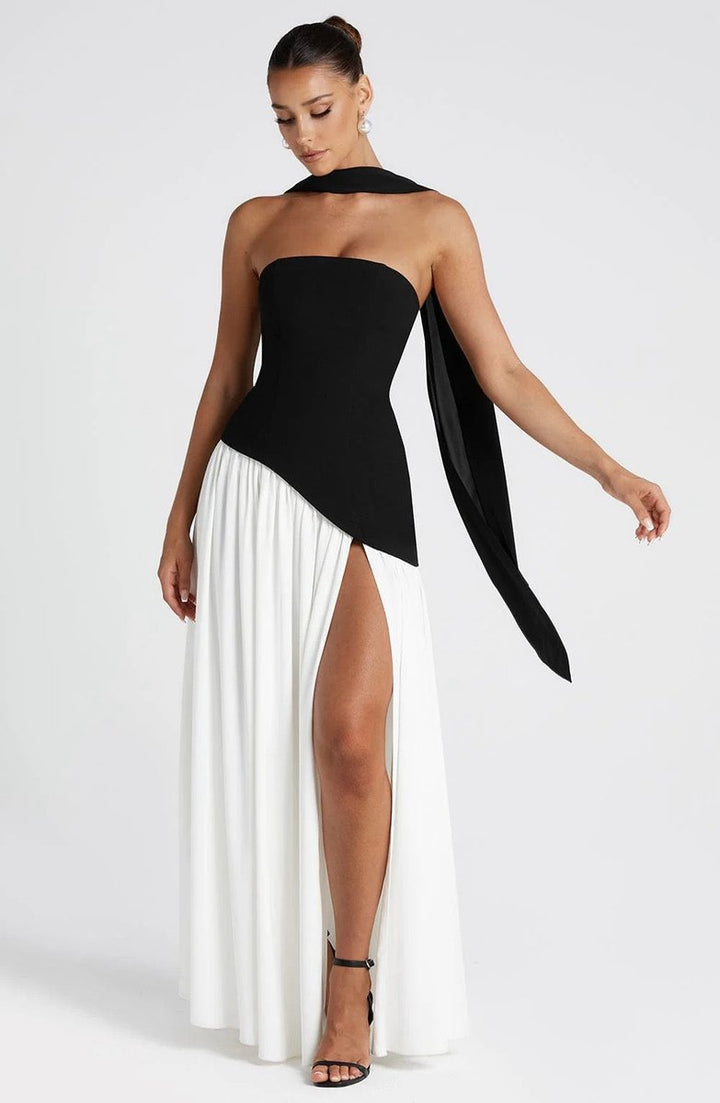 Women's Strapless Color-Block Slit Fall Wedding Guest Dress Maxi Gown
