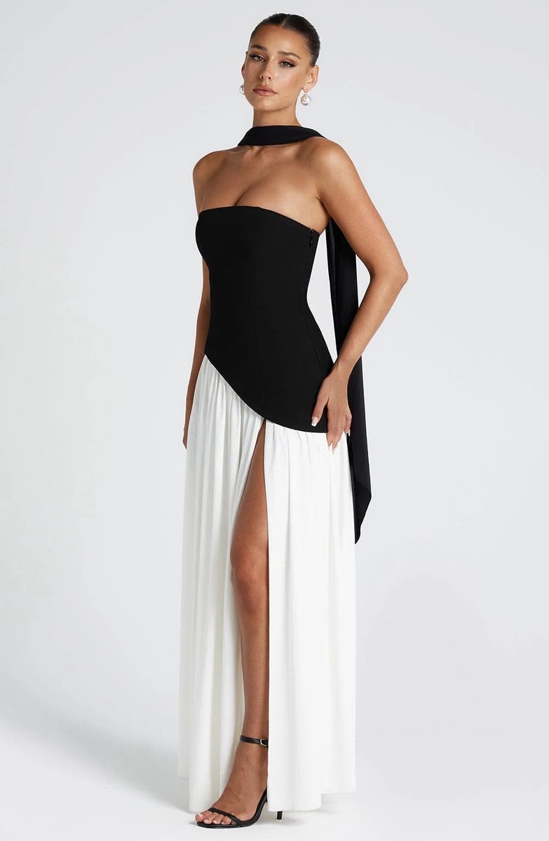 Women's Strapless Color-Block Slit Fall Wedding Guest Dress Maxi Gown