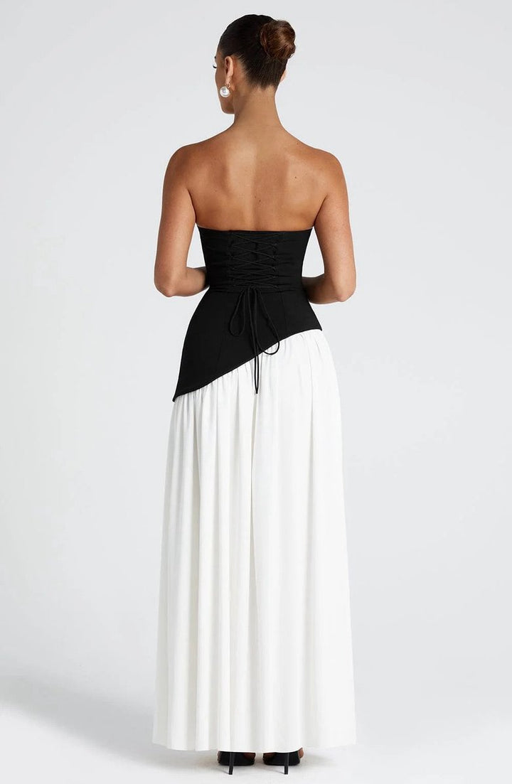 Women's Strapless Color-Block Slit Fall Wedding Guest Dress Maxi Gown