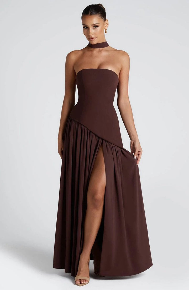 Women's Strapless Color-Block Slit Fall Wedding Guest Dress Maxi Gown