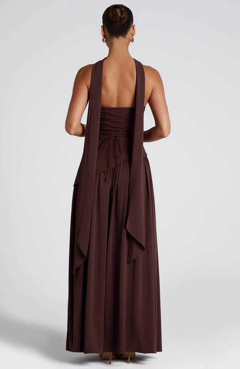 Women's Strapless Color-Block Slit Fall Wedding Guest Dress Maxi Gown