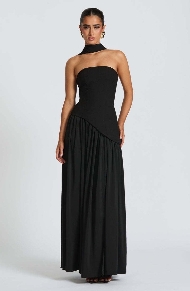 Women's Strapless Color-Block Slit Fall Wedding Guest Dress Maxi Gown