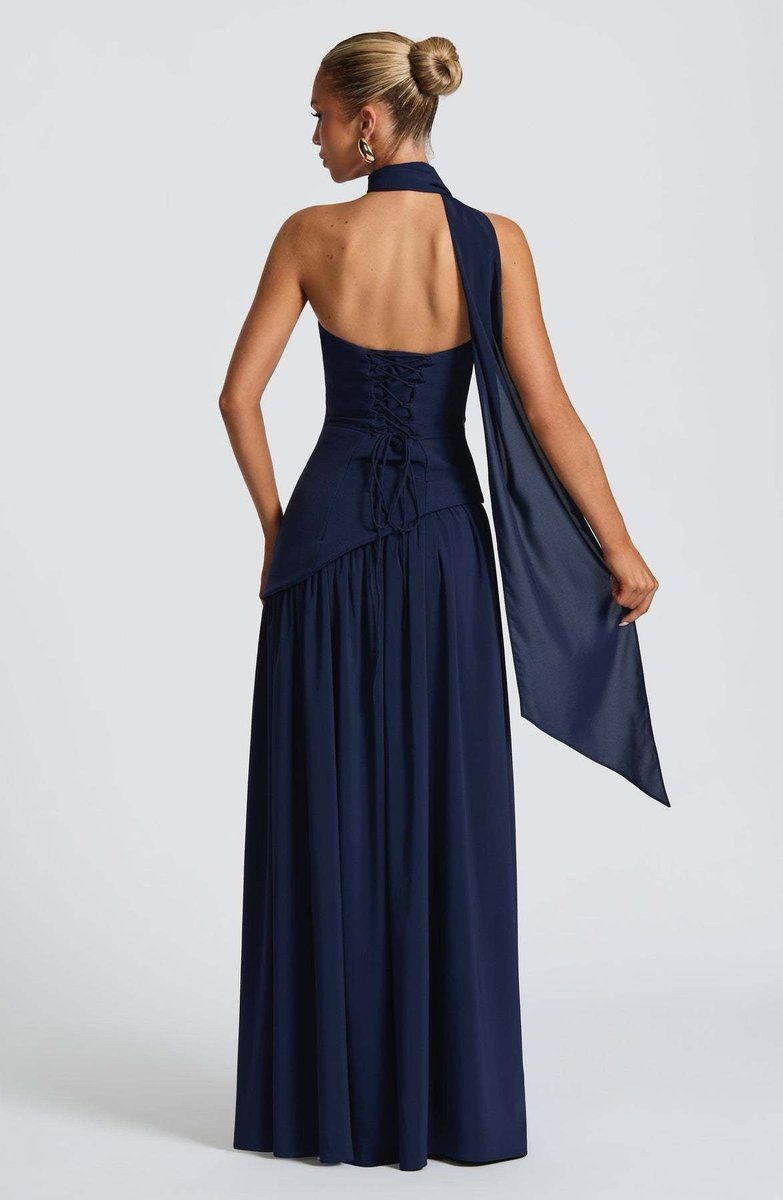 Women's Strapless Color-Block Slit Fall Wedding Guest Dress Maxi Gown