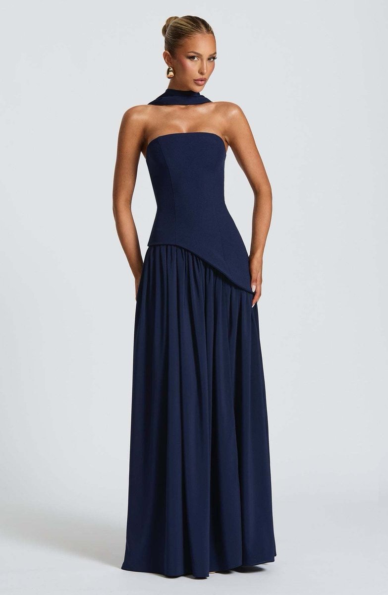 Women's Strapless Color-Block Slit Fall Wedding Guest Dress Maxi Gown